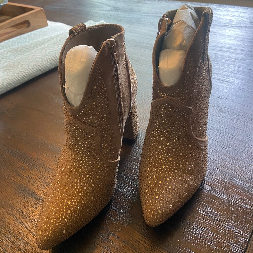 Pierre Dumas Gold Suede & Rhinestone Chunky Heel Ankle Boot - Sz 8M - NEW